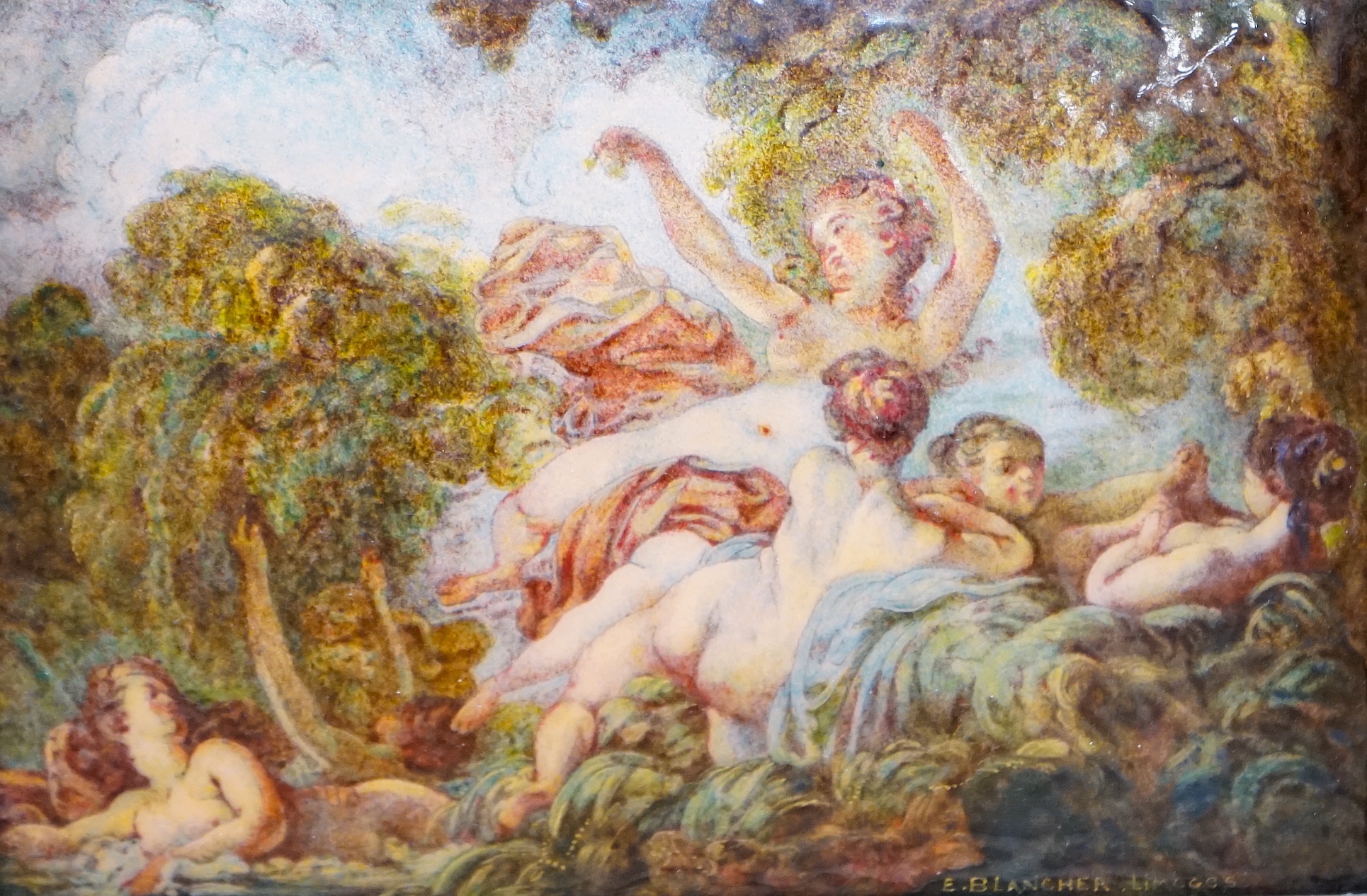 Ernest Blancher (1855-1935) After Jean-Honoré Fragonard (French, 1732-1806) Limoges convex plaque enamelled with nude females amongst foliage, signed, French 1923 Exhibition label verso, 17 x 23cm, ornate gilt framed